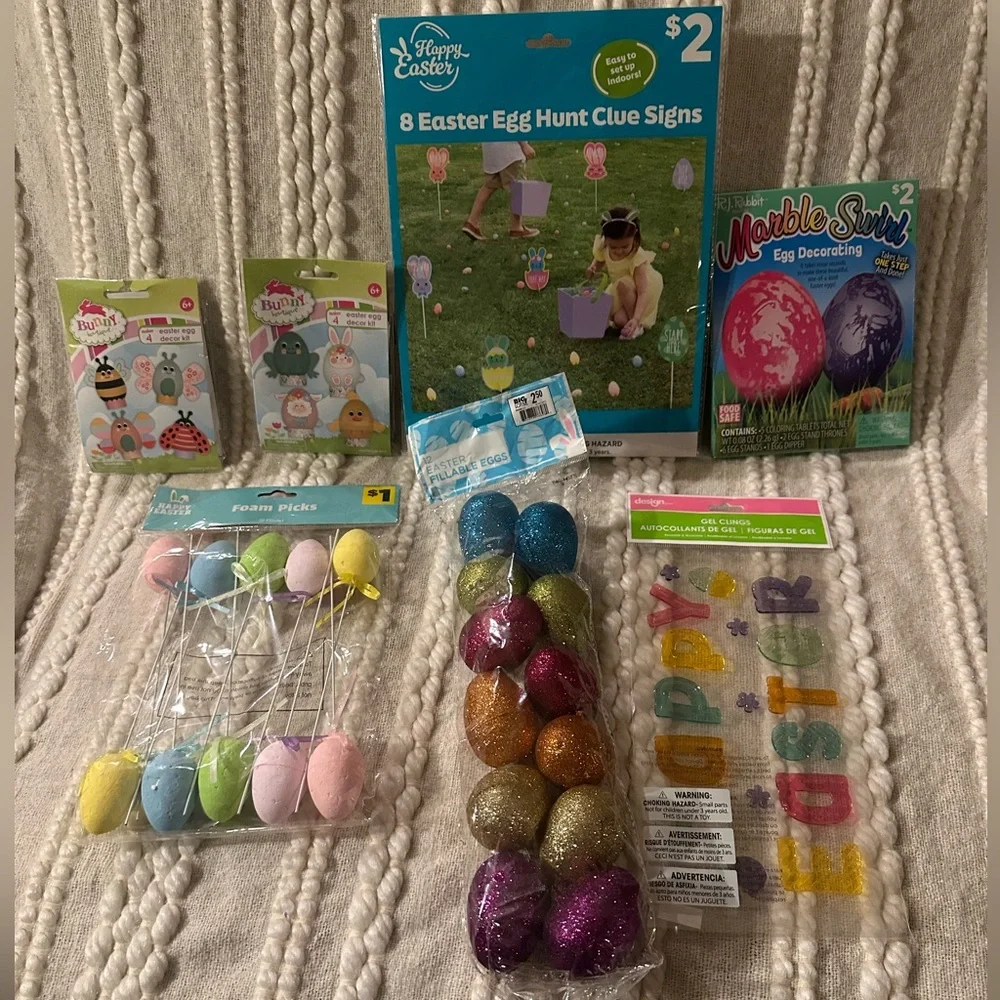 Easter Bundle 8 New Items Egg Hunt Supplies Banners Gel Clings Fun Eggs & more
